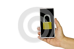 Close-up hand holding white mobile phone with Lock key black screen on white background with cipping path