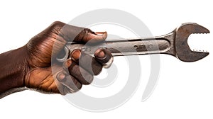 Close-up of a hand holding a wrench against a white background. Manual labor and tool usage concept. Perfect for