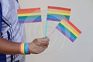 Close up hand holds rainbow colors flags. Concept, Lgbtq+ celebration in pride month, June. Symbol of LGBT community