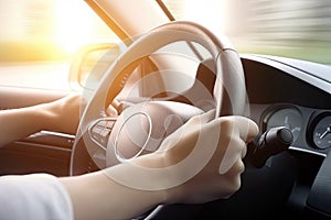 Close up hand holing or controlling steering wheel of car for driving, point of view inside car, on the highway road, with