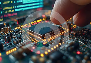 Close-up of a hand inserting a microchip on a computer circuit board
