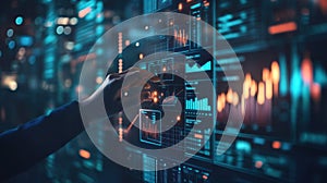 Close up of hand interacting with digital data analytics interface featuring graphs and metrics