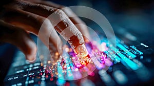 Close-up of a hand interacting with a futuristic digital interface displaying colorful data and analytics