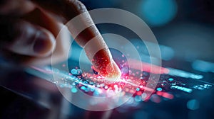 Close-up of a hand interacting with a futuristic digital interface displaying colorful data and analytics