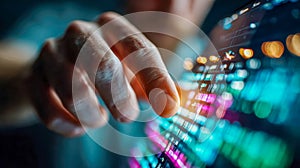 Close-up of a hand interacting with a futuristic digital interface displaying colorful data and analytics