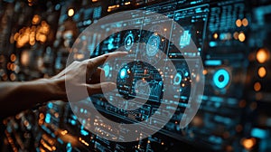 Close-up of a hand interacting with a futuristic digital interface panel