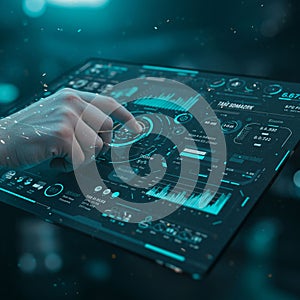 A close-up of a hand interacting with a futuristic digital interface. The screen display