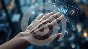 Close-Up of Hand Interacting with Futuristic Digital Interface Ã¢â¬' Technology Innovation and Data Visualization Concept