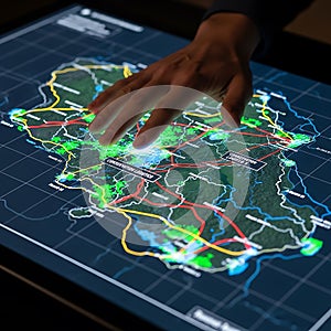 Close up of a hand interacting with a glowing digital map displaying complex networks and data visualization
