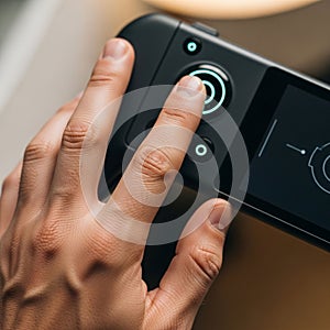 The background is blurred, emphasizing the focus on the device