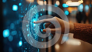 Close up of hand interacting with touchscreen interface, showcasing technology and innovation in modern setting