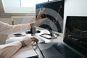 Close up of hand investors are pointing to laptop computer that have investment information stock markets and partners taking photo