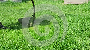 Close-up hand lawn mower mows bright fresh green grass.