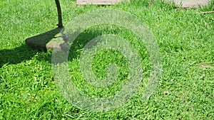 Close-up hand lawn mower mows bright fresh green grass.