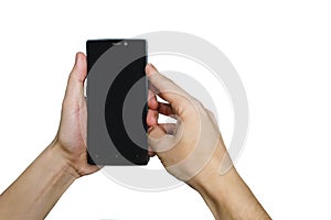 Close up hand of man holding smartphone