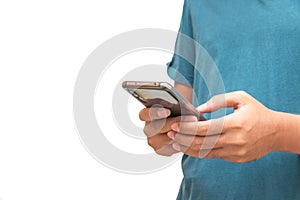 close up hand of man's sending a message by smartphone on white background.