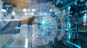 Close-up of a hand operating a futuristic digital interface in a high-tech environment