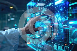Close-up of a hand operating a futuristic digital interface in a high-tech environment