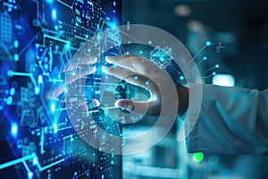 Close-up of a hand operating a futuristic digital interface in a high-tech environment