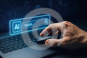 Close-up of Hand Operating Mouse on Laptop with AI Search Interface artificial intelligence