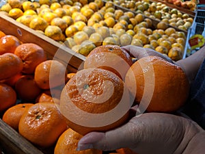 Close up Hand and Oranges in market.mandarin oranges raw Fruit,Fresh mandarin oranges texture