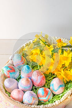 Close Up of Hand Painted Easter Eggs Vertical with Copy Space