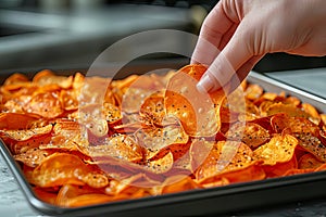 Close-up of a hand picking a freshly baked sweet potato chip sprinkled with black pepper from a full oven tray