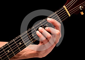 Close-up of a hand playing an acoustic guitar