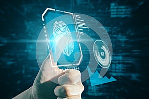Close up of hand pointing at creative glowing blue fingerprint scanner interface on dark backdrop. Technology, information and