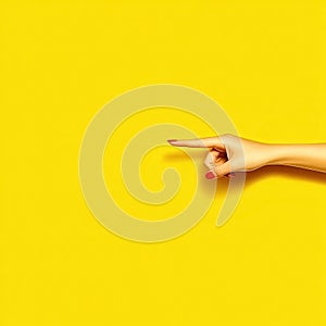 Close-up of hand pointing with red nails against yellow background