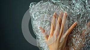 Close-Up of Hand Pressing on Clear Bubble Wrap Texture Surface