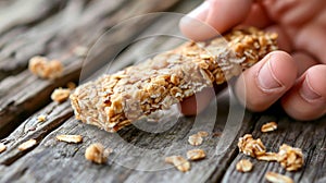 Close up of hand reaching for portable granola bar, highlighting convenience and portability photo