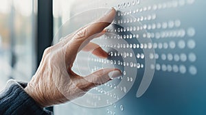 Close-up of a hand reading Braille sign on a tactile surface to navigate a building photo