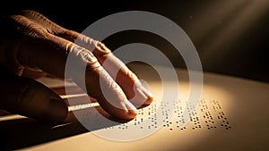 Close up of a hand reading braille text in warm light