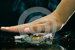 Close up of a hand representing a STOP Smoking. World no tobacco day