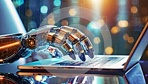 Hand of a Robot Cyborg Using a Laptop Computer - Generative Ai