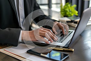 Close up. hand's business man wearing suit typing and working on laptop computer on wooden table at home office.