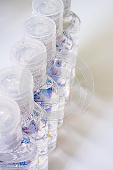 Close-up of hand sanitizer gel bottles. Hand cleaner for travel to help kill germs, bacteria and viruses. photo