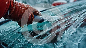 Close-up of hand scraping ice off car windshield on snowy day. Winter routine, daily life, cold weather challenge