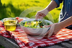 close-up of hand setting salad bowl onto picnic table
