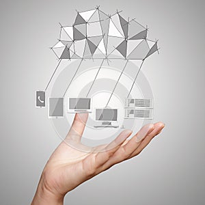 Close up of hand showing Cloud Computing diagram