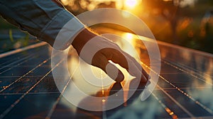 The Hand on Solar Panel. AI generated