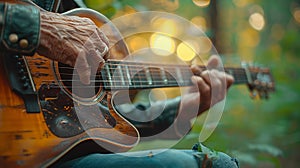 Close-up of a hand strumming a guitar
