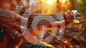 Close-up of a hand strumming a guitar