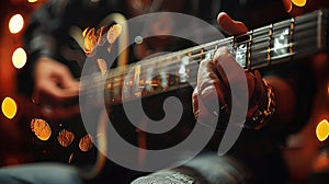 Close-up of a hand strumming a guitar