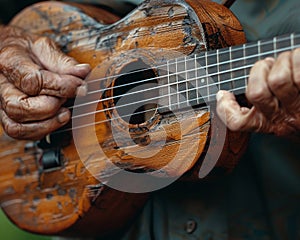 Close-up of a hand strumming a ukulele showcasing music