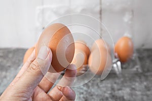 Close up Hand take chicken egg from a plastic tray