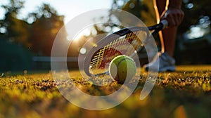 close up of hand with tennis racket and tennisball on green summer grass field photo