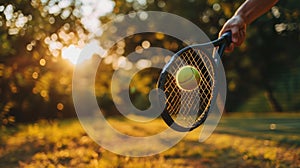 close up of hand with tennis racket and tennisball on green summer grass field photo