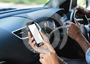 Close-up hand touching on phone mobile inside car movement